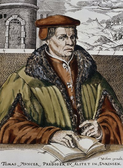 Thomas Muntzer, cca 1600 (ručně kolorovaný dřevoryt) od German School