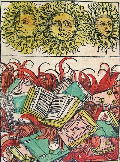 „Tři slunce a pálení knihy“, publikované v Norimberské kronice, 1493 od German School