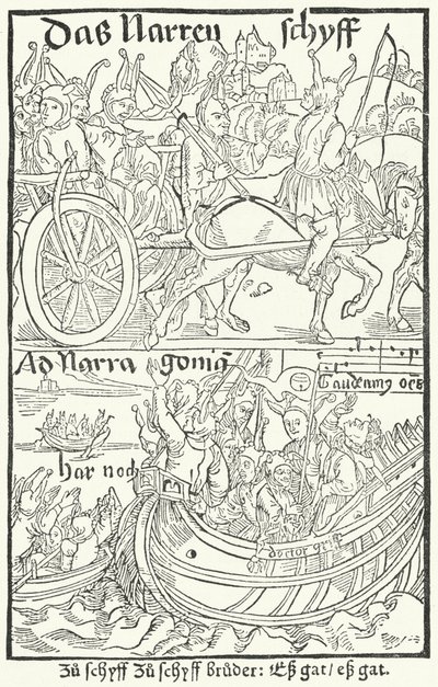 Titulní list z prvního vydání Lodi bláznů Sebastiana Branta, vytištěného Johannem Bergmannem von Olpe v Basileji v roce 1491 (rytina) od German School