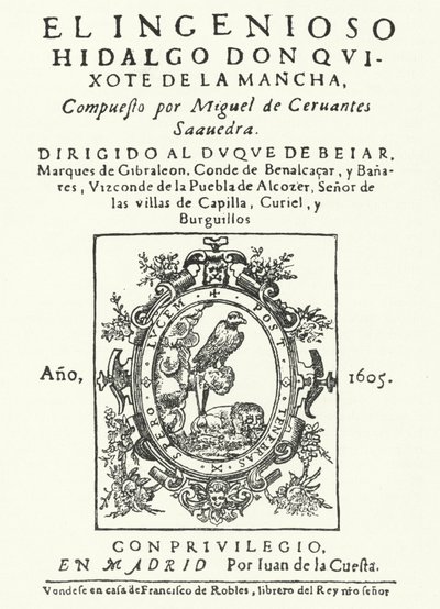 Titulní strana z prvního vydání románu Don Quijote od Miguela de Cervantese (rytina) od German School