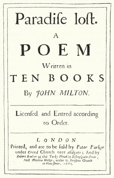 Titulní list z původního vydání Ztracený ráj od anglického básníka Johna Miltona, vydaného v roce 1667 (rytina) od German School