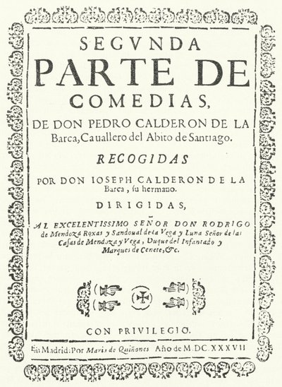 Titulní strana z druhého ze čtyř svazků Comedias of Calderon, vydané v roce 1637 (rytina) od German School
