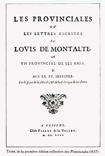 Titulní strana Les Provinciales od Blaise Pascala (1623-62), Amsterdam, 1657 (inkoust na papíře) od German School