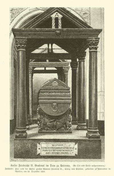 Hrob Fridricha II., císaře Svaté říše římské, v katedrále Palermo, Sicílie (rytina) od German School