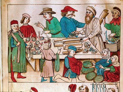 Obchod: pěší scéna. Miniatura z „Kroniky kostnického koncilu“ od Ulricha Richentala (1360-1437) 1438 přibližně Praha, národní knihovna od German School