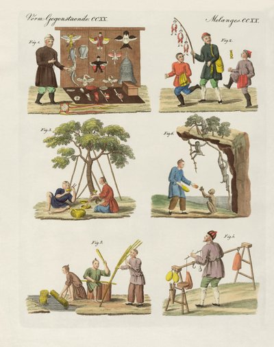 Obchody, umění a ruční práce v Číně (barevné rytí) od German School