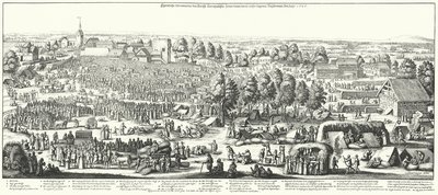 Cestovatelé navštěvující léčivé prameny ve vesnici Hornhausen, 1646 (rytina) od German School
