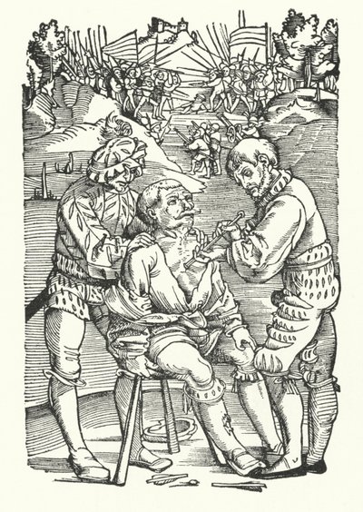 Ošetření zraněného vojáka na bojišti (rytina) od German School