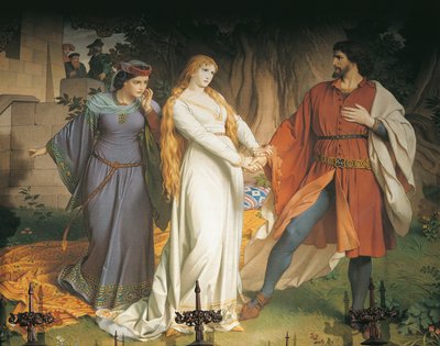 Tristan a Isolda se naposledy potají tajně, ale jejich setkání je prozrazeno a král Mark zraní Tristanda otráveným kopím, Ložnice (nástěnná malba) od German School