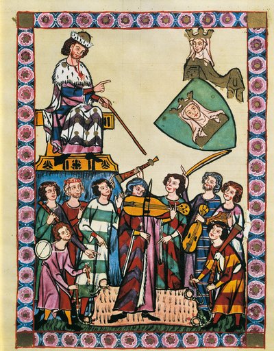 Trubadúři před německým císařem a jeho dvorem, z „Manesse Codex“ (vellum) od German School