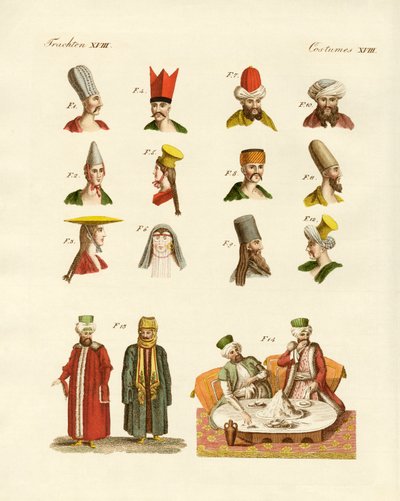 Turecké národní kroje (barevná rytina) od German School