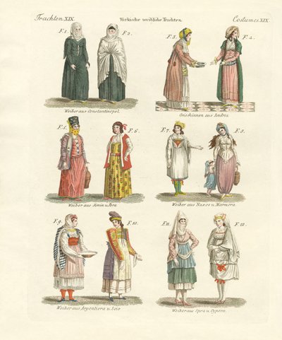 Turecké národní kroje (barevná rytina) od German School