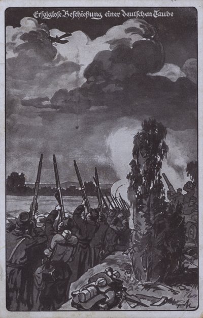 Neúspěšný pokus o sestřelení německého letadla, 1. světová válka (litografie) od German School