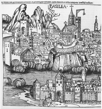 Pohled na Basilej, ilustrace z Norimberské kroniky od Hartmanna Schedela (1440-1514) 1493 od German School