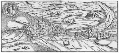 Pohled na Ženevu, z Cosmographie Universelle od Sebastiena Munstera (1488-1552) Basilej, vydáno 1559 od German School