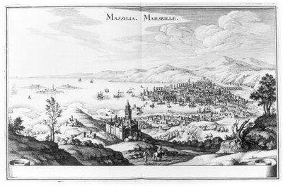 Pohled na Marseille, z Topographia Galliae od Martina Zeillera, publikoval 1655-61 od German School