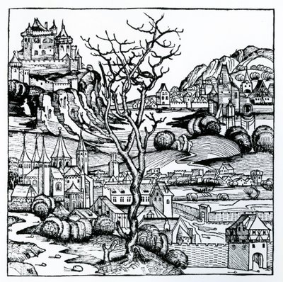 Pohled na Portugalsko z „Norimberské kroniky“ 1493 (dřevořez) od German School