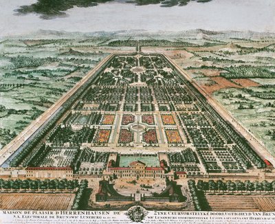 Pohled do zahrady zámku Herrenhausen, cca 1708, barevný tisk, Německo od German School