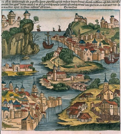 Pohled na Bospor vstupující z Černého moře, z Norimberské kroniky od Hartmanna Schedela (1440-1514) 1493 (dřevěný blok) od German School