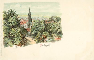 Pohled na město Freiburg, Německo, s jeho katedrálou (chromolitho) od German School