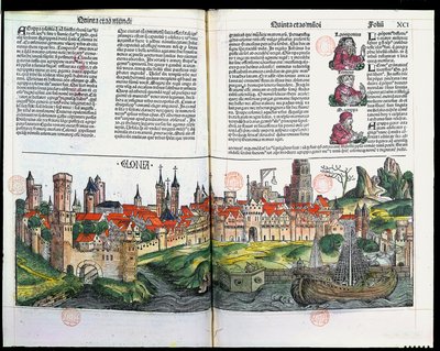 Pohled na město Kolín nad Rýnem z Norimberské kroniky od Hartmanna Schedela, 1493 (barevná dřevorytina) od German School