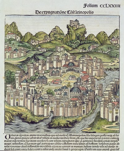 Pohled na opevněné město Konstantinopol, z Norimberské kroniky od Hartmanna Schedela (1440-1514) 1493 (dřevěný blok) od German School