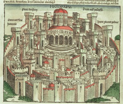 Pohled na opevněné město Jeruzalém ukazující Šalamounův chrám a městské brány z Norimberské kroniky od Hartmanna Schedela (1440-1514) 1493 od German School
