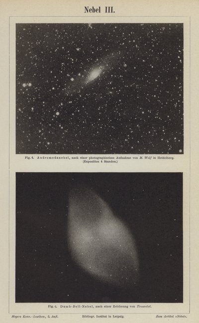 Pohledy na mlhovinu Andromeda a mlhovinu Činka (rytina) od German School