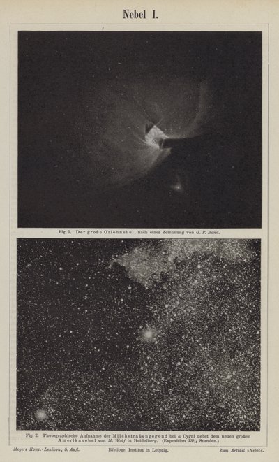 Pohledy na mlhovinu v Orionu a Mléčnou dráhu v oblasti Deneb (rytina) od German School