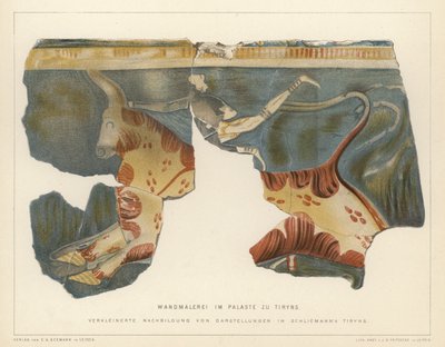 Nástěnná malba z mykénského paláce v Tiryns, Řecko, vykopaná německým archeologem Heinrichem Schliemannem (barevné lito) od German School