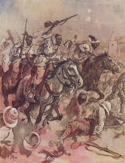 Bojovníci šejka Senussiho vyhánějící Brity z Matruhu, východně od Sollumu, Egypt od German School