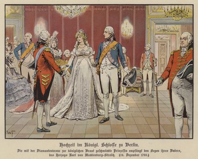 Svatba korunního prince Fridricha Viléma Pruského a princezny Louise Mecklenburg-Strelitz v královském paláci v Berlíně, 24. prosince 1793 (barevně lito) od German School