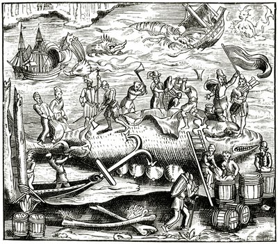 Lov velryb, po dřevorytu v Cosmographie Universelle of Munster, publikovaném 1552 od German School