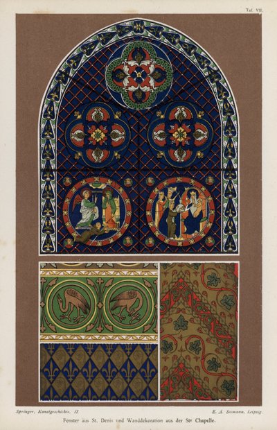 Okno z baziliky St Denis a nástěnná dekorace ze Sainte-Chapelle, Paříž, Francie (barva litho) od German School