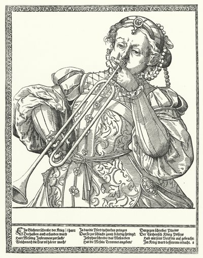 Žena hrající na pozoun nebo sackbut (rytina) od German School
