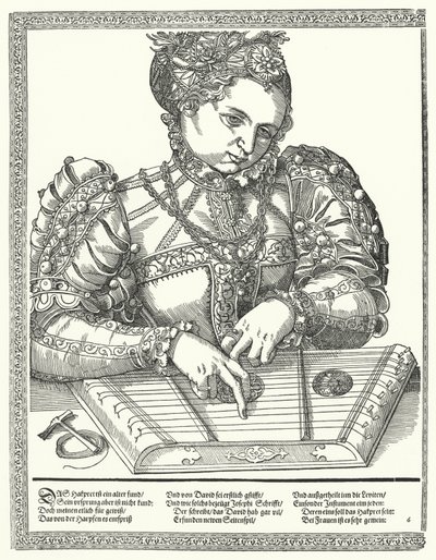 Žena hrající na citeru (rytina) od German School