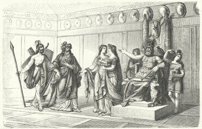 Wotan přijímá hudebníky představené Bragim, bohem poezie a písně (rytina) od German School