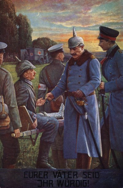 Jste hodni svých otců: Císař Vilém II. uděluje zraněnému německému vojákovi Železný kříž (barevná litografie) od German School