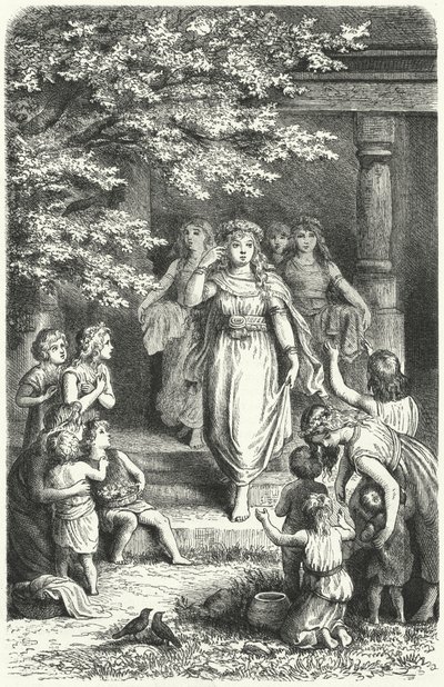 Mladé německé ženy nosí věnce na oslavu svátku Eostre (Ostara) (rytina) od German School