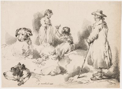 Studie o dětech Dvě malé holčičky, dva psi, muž, 1793. od Gerrard Street J. Harris Soho