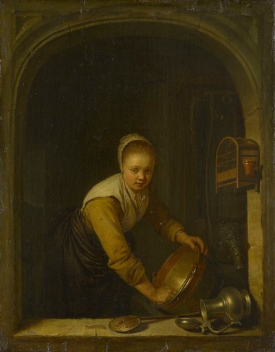 Služebná drhnoucí mosaznou pánev u okna od Gerrit Dou