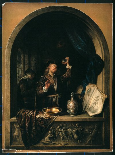 Lékař vyšetřuje vzorek moči starší ženy. od Gerrit Dou