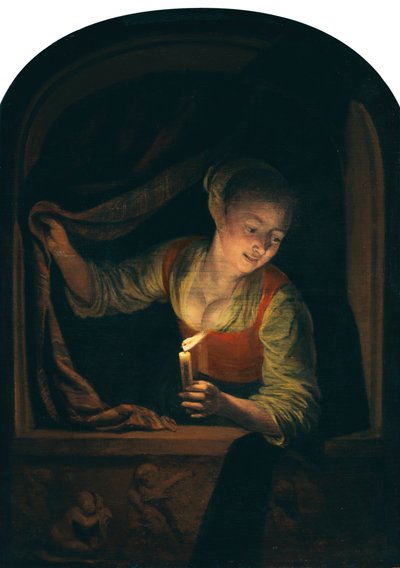 Nizozemština: Mladá žena se zapálenou svíčkou u okna od Gerrit Dou
