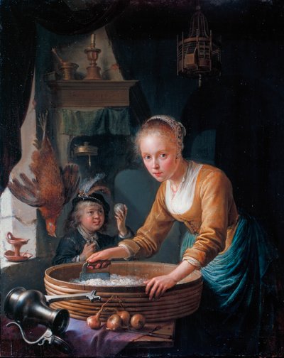 Francouzsky: Jeune fille hachant des oignons Dívka krájející cibuli od Gerrit Dou