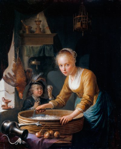Dívka krájející cibuli od Gerrit Dou