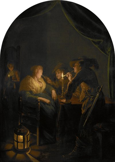 Spící žena škádlená dvěma vojáky od Gerrit Dou
