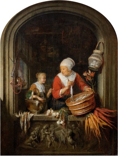 Žena prodávající sledě a dívka ve výloze od Gerrit Dou