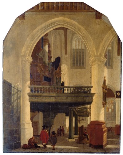 Západní konec Oude Kerk, Delft, od jižní uličky k severu s varhanní kruchtou od Gerrit Houckgeest