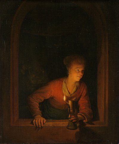 Dívka s olejovou lampou u okna, 1645-75 od Gerrit Dou
