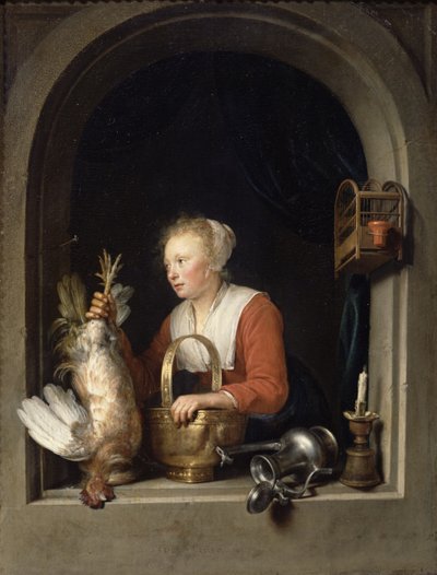 Holandská hospodyňka aneb Žena věší kohouta do okna, 1650 od Gerrit Dou